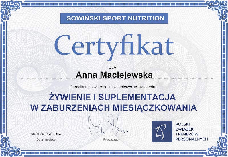 Certyfikat Anna Maciejewska Zaburzenie Miesiączkowania
