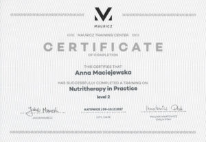 Anna Maciejewska certyfikat nutritherapy poziom 2